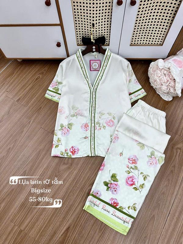 Size 60-75KG- Bigsize Bộ Lụa Latin Tơ Tằm Cổ Tim Tay Ngắn Quần Dài In 5D TNQD Mềm Mát Mặc Nhà Cao Cấp Women Nữ 4