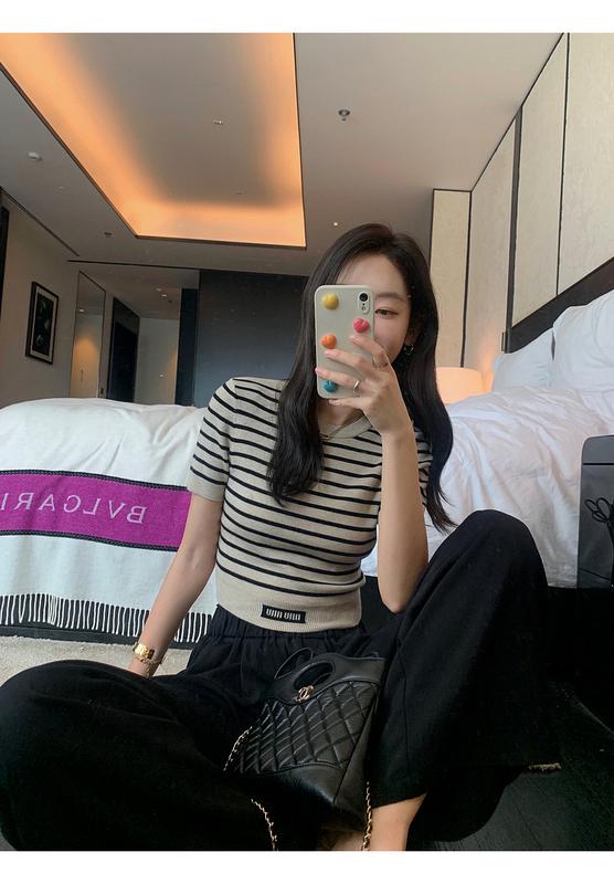 Product Introduction of Áo Thun Ngắn, Zhang Bei Bell, Dáng Ôm, Cổ Tròn, Sọc, Dành Cho Trang Phục Thường Ngày Mùa Hè Của Phụ Nữ, Dễ Phối Đồ Làm Bằng Len Lụa Dâu Tằm, ngắn Tay Áo, Dệt Kim Top Women Voi 15