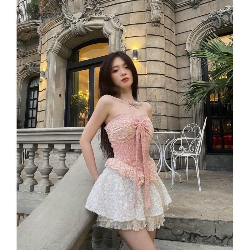 Set áo dạ cúp ngực phối nơ corset kèm chân váy ren sang trọng quyến rũ siêu xinh