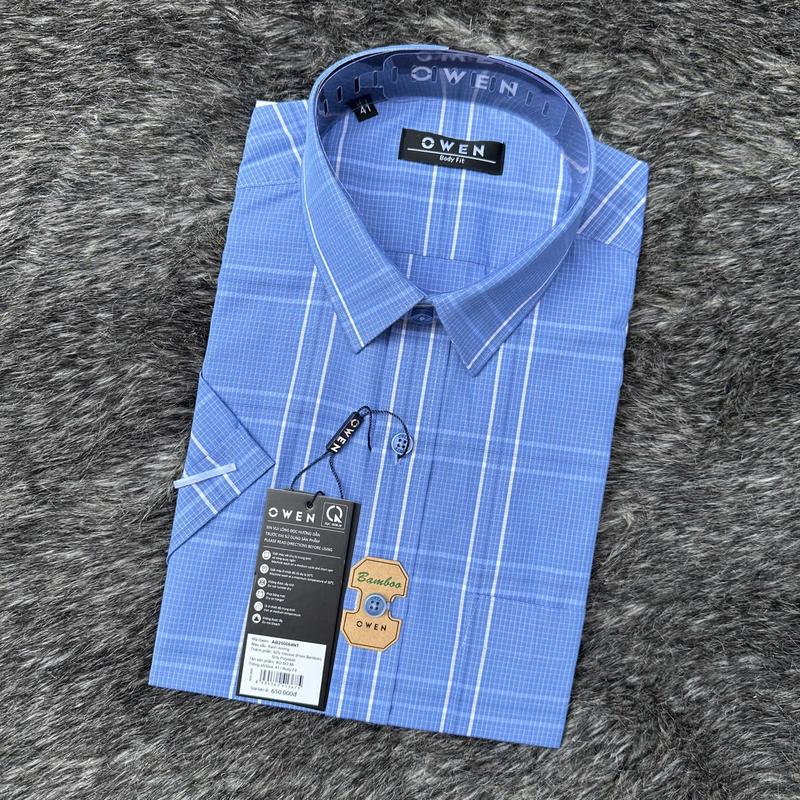 OWEN - Áo Sơ mi ngắn tay Owen 250064 Bodyfit (VẠT NGANG) chất sợi tre kẻ ca rô màu xanh - Áo sơ mi nam dài tay Menswear