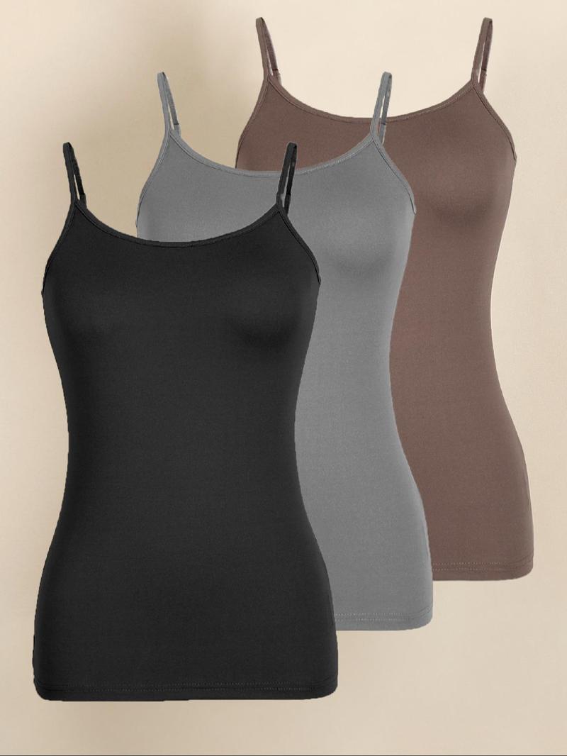 Product Introduction of Women's 3 Pcs Solid Color Adjustable Strap Cami Top, Casual Comfy Spaghetti Strap Top for Daily Wear, Ladies Clothes for All Seasons 1