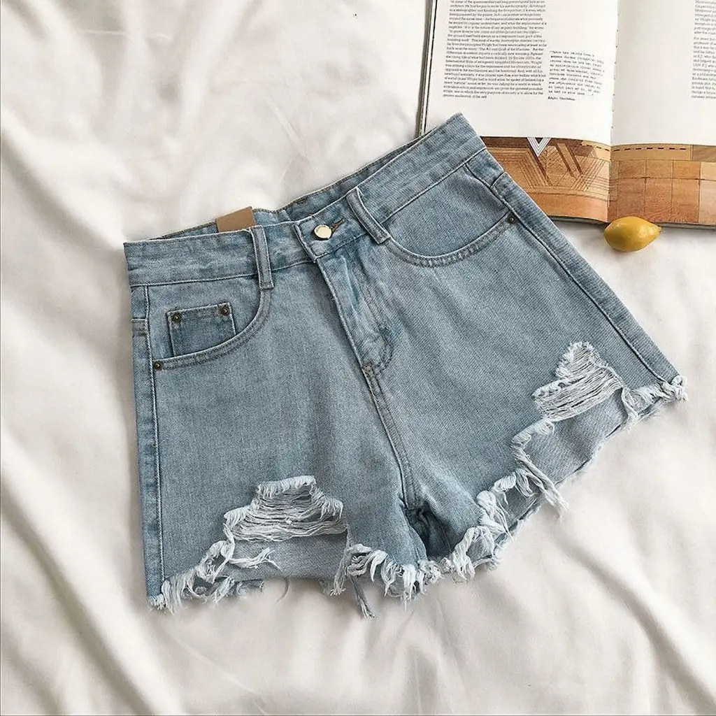 hnsdaer Slim Fit Ripped Jeans Vintage High Waist Denim Shorts for Women Slim Fit A-line Ripped Short Pants with Retro Pockets Above Knee Length Summer Fashion Must-have