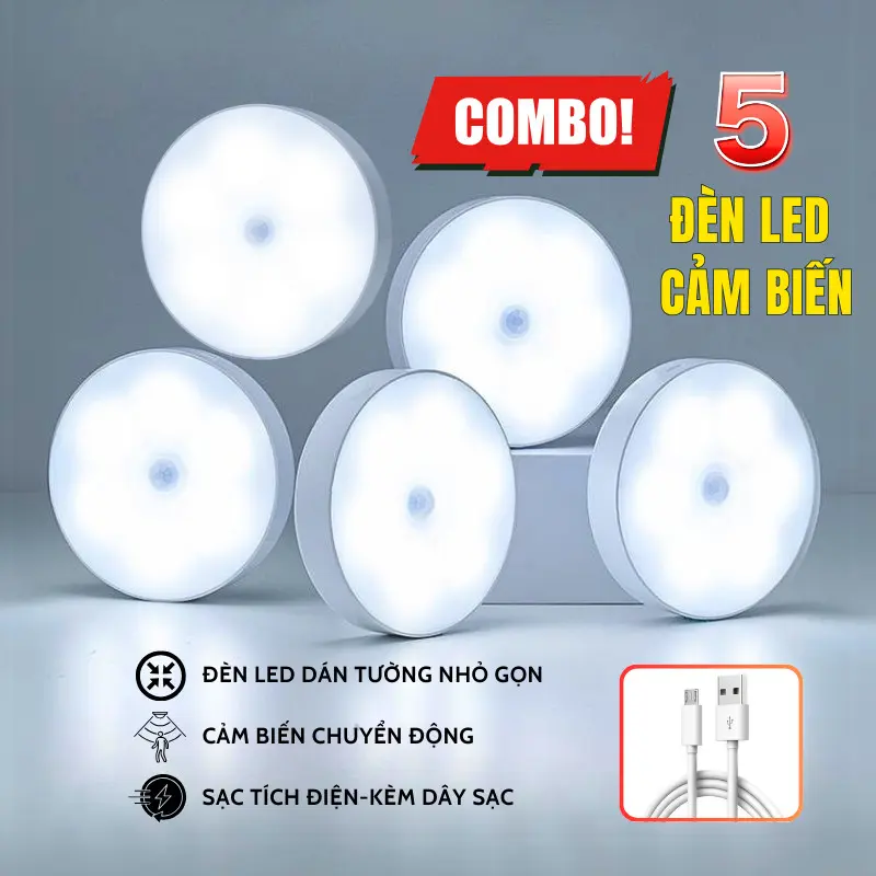 Combo 5 Đèn Cảm Biến Chuyển Động Thông Minh Led Cảm Ứng Chuyển Động Dán Tường Sạc USB Phụ Kiện