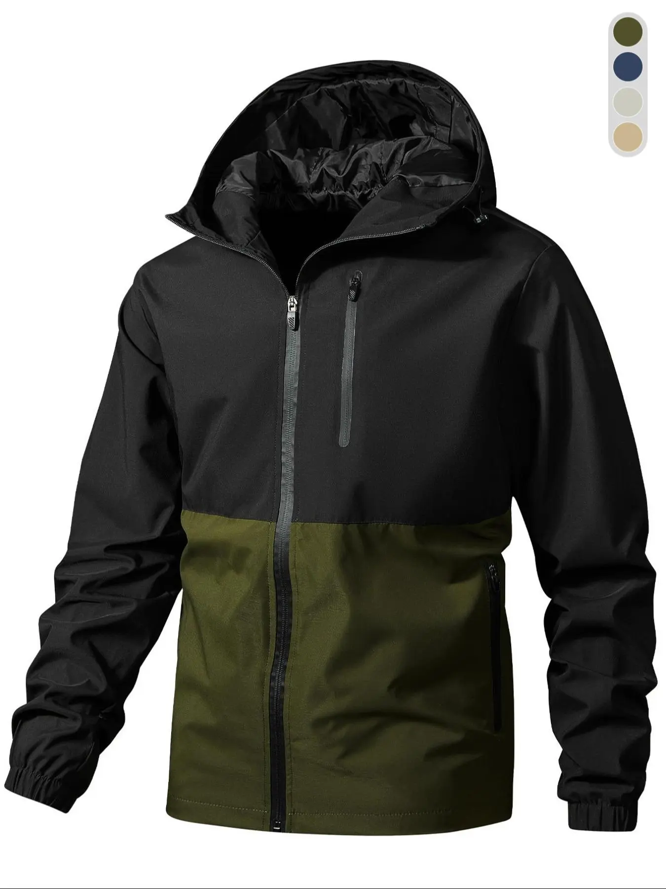 Men's Regular Fit Colorblock Zip Up Hooded Workwear Jacket, Sporty Windproof Waterproof Long Sleeve Outerwear for Outdoor, Tracksuit for Fitness, Windbreaker, Coat