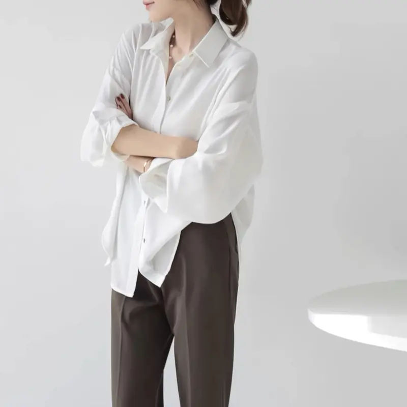 Áo Sơ Mi Dài Hồi Giáo, Chất Liệu Voan, Màu Trơn Áo Sơ Mi Cổ Bẻ, Dáng Rộng Và Ngoại Cỡ, Giao Hàng 24H 2