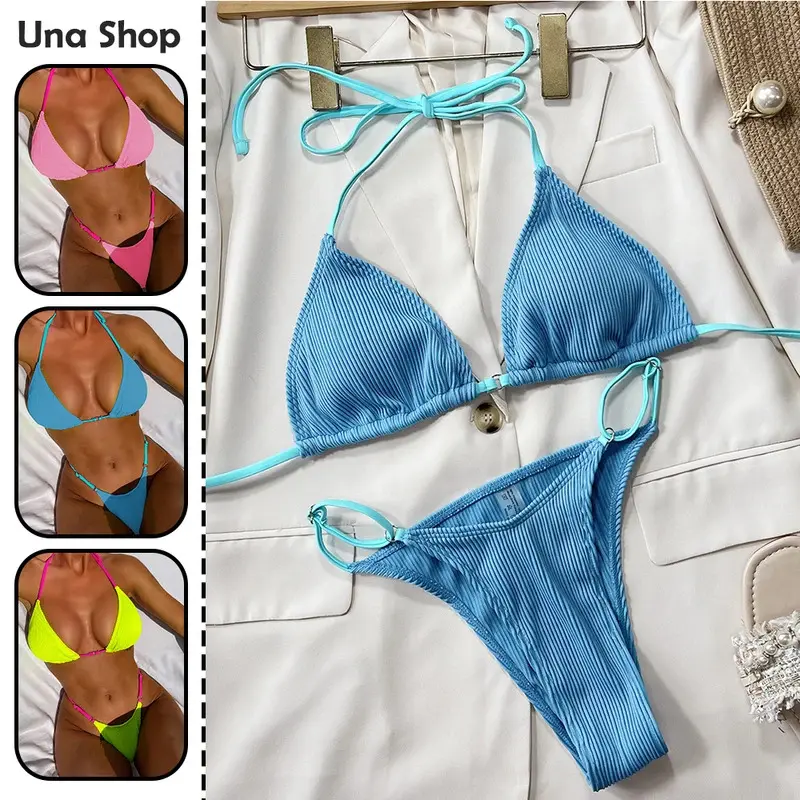 Una-Shop Solid Color Bikinis Sets With Adjustable Straps Trendy Swimsuit For Women Summer Beach Swim Pool Party Bikini Swimwear 1