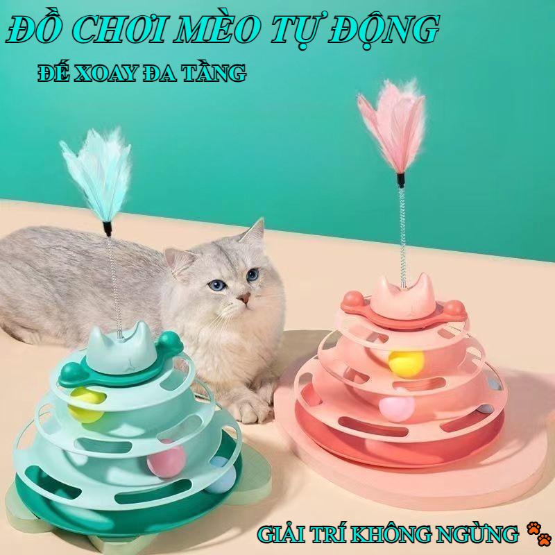 Đồ Chơi Xoay Tự Động Cho Mèo - Đế Xoay Đa Tầng Với Lông Vũ, Kết Hợp Cần Cào…