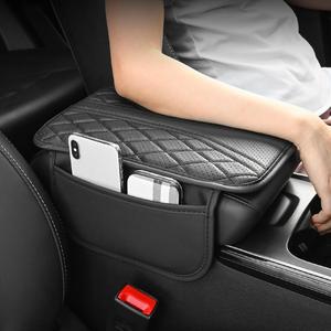 Almohadilla de altura para caja de reposabrazos de coche con bolsa de almacenamiento lateral, cojín de cuero sintético para caja de reposabrazos de coche con bolsillo de almacenamiento, accesorios de decoración interior para coche