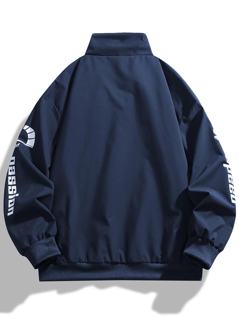 Product Introduction of Men's Colorblock Letter Print Zip Up Jacket, Regular Fit Casual Pocket Funnel Neck Windproof Outerwear for Daily Wear, Men's Clothes for All Seasons, Jackets for Men, Men's Clothing 9