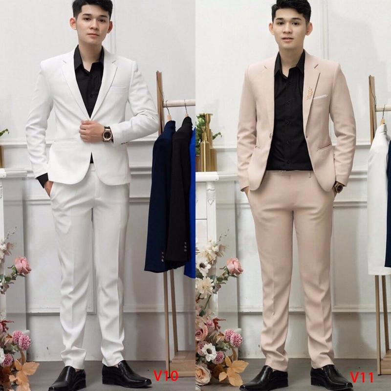 {Combo 6 Món }Bộ vest nam Hàn Quốc gồm 1 áo + 1 quần (TẶNG kèm Cavat, phụ kiện cài Vest và 2 quần sip nam) chất vải tuyết mưa tây, ko nhăn, ko xù Menswear Polo