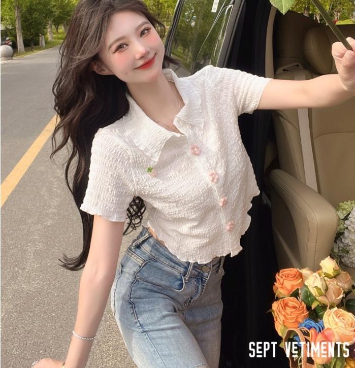 Product Introduction of Áo Sơ Mi Ngắn Cổ Búp Bê, Dành Cho Nữ, Phong Cách 2024, Dệt Kim, Bất Đối Xứng, Thiết Kế Hoa Ngọt Ngào Cô Gái Nóng Bỏng, Thích Hợp Cho Mùa Hè, Áo Sơ Mi ngắn Tay Top Women 8