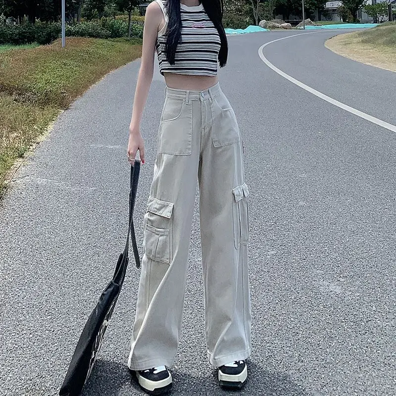 Summer new high-waisted tooling jeans American pocket wide-leg design thin loose straight mopping pants