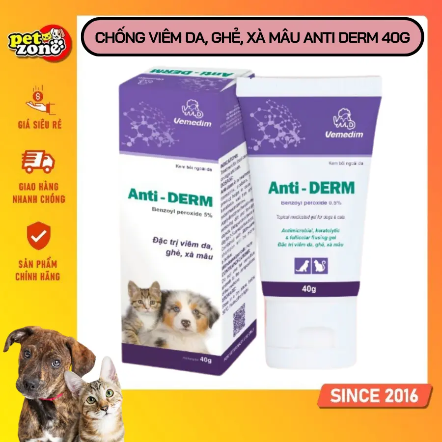 Kem bôi xử lý tình trạng viêm da, ghẻ, xà mâu cho chó mèo Vemedim Anti Derm 40g