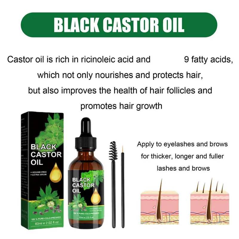 Minyak Jarak 60ml Minyak Jarak Hitam Jamaika Pertumbuhan Dan Pelembab Bulu Mata, Alis Dan Rambut Perawatan Lembut Untuk Akar Rambut Untuk Mencegah Rambut Rontok 100% Murni Ditekan Dingin Ekstraksi Organik Alami Murni Sikat Bulu Mata Portabel 5