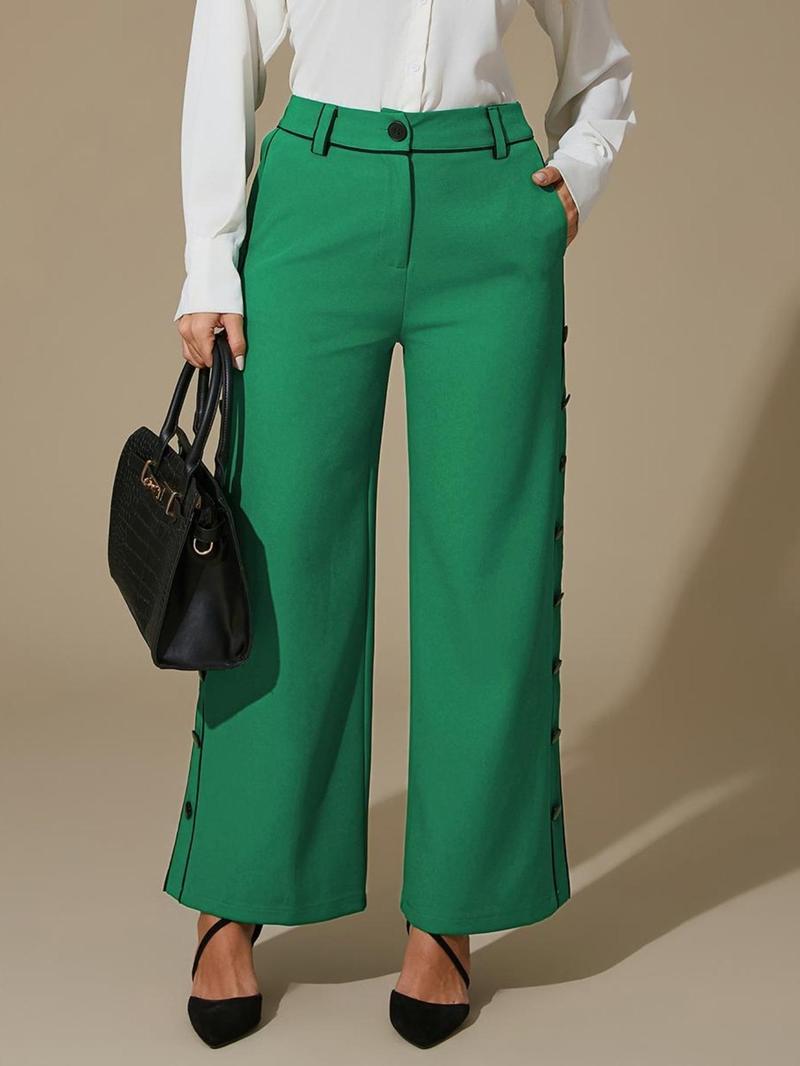 Product Introduction of Women's Colorblock Button Wide Leg Pants, Casual Comfy High Waist Trousers for Daily Wear, Ladies Bottoms for All Seasons 7