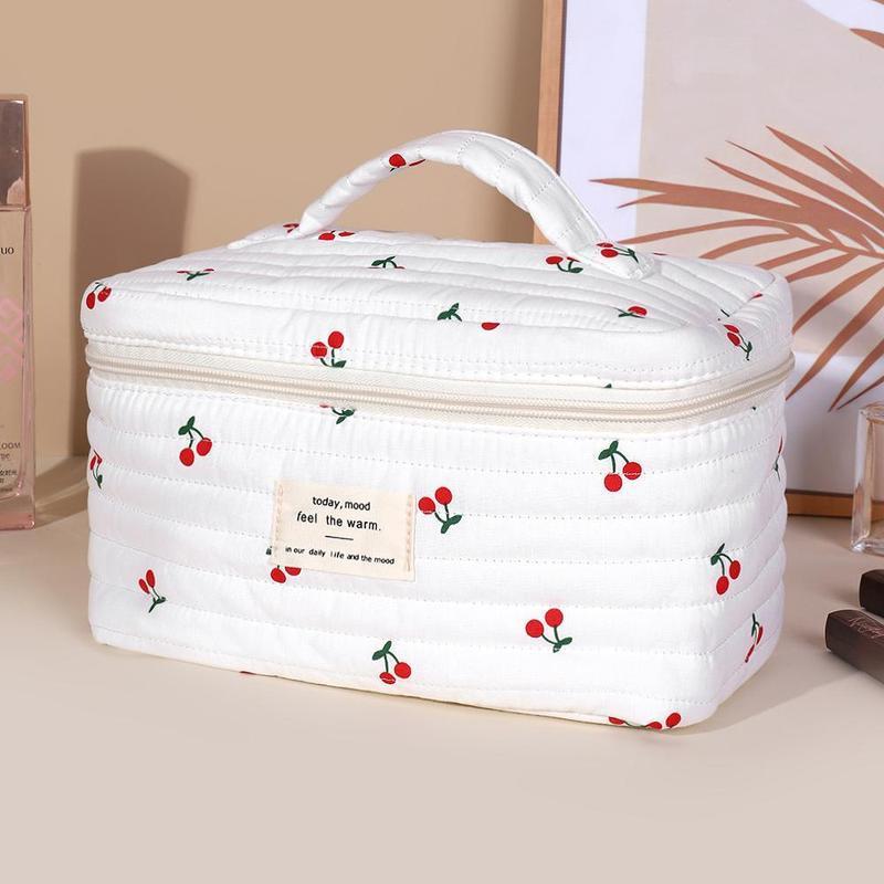 Cherry Pattern Quilted Makeup Storage Bag Set, 3 Counts/set Large Capacity Cosmetic Storage Bag, Zipper Makeup Organizer Pouch for Skincare, Lotion, Cream, Makeup Tool 2
