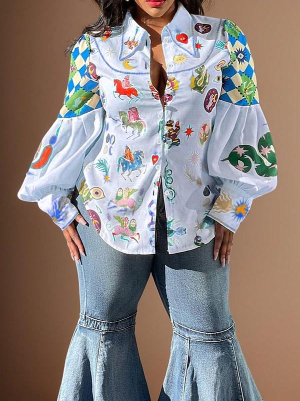 Plus Size Galaxy & Animal Print Button Front Shirt, Retro Lantern Sleeve Collared Top, Gift Set for Women, Women's Plus Clothes for Daily Wear 5