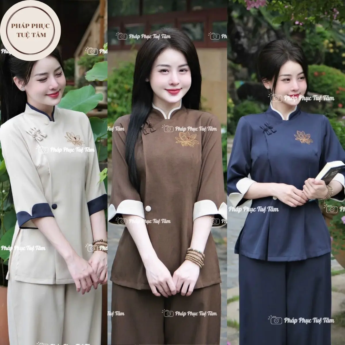 [ FREE SHIP ] Bộ đồ lam đi chùa nữ thêu hoa sen Áo phối tay chất liệu đũi thái mềm mại sang chảnh - Pháp Phục Tuệ Tâm - Top Đồ Lam Women