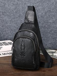 Men's Fashionable Crocodile Pattern Zipper Bum Bag, Trendy Black Chest Bag for Daily Used, Belt Bag for Sport