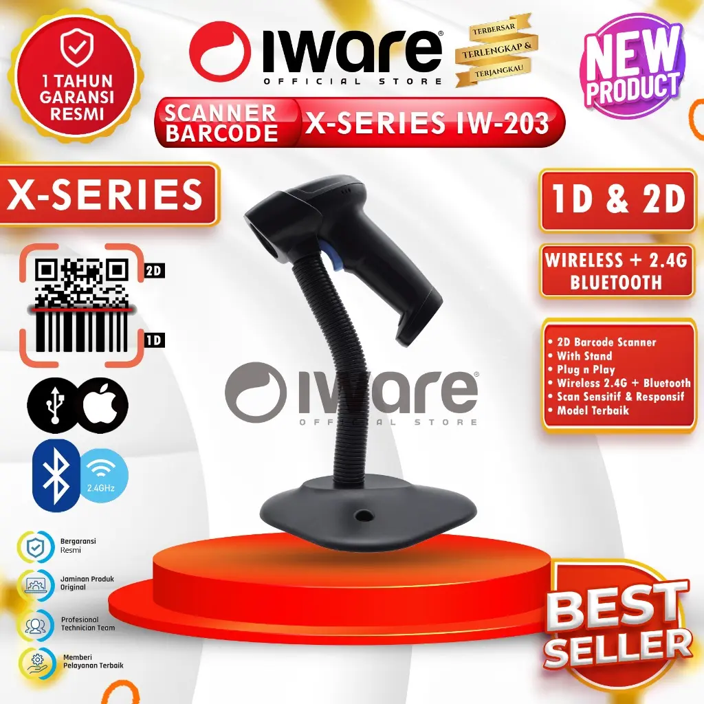 Barcode Scanner Iware X-Series Usb Bluetooth Wireless 1D/2D AutoScan With Stand Windows Mac