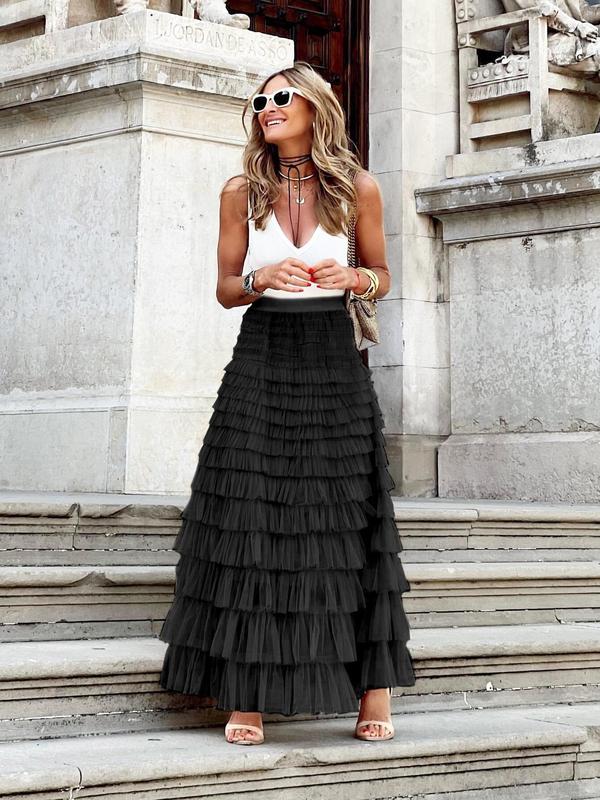 [Plus Size] Solid Tiered Layer Ruffle Trim Tulle Skirt, Elegant High Waist A Line Skirt for Party Holiday Wedding Guest, Women's Clothes for Spring & Fall 3