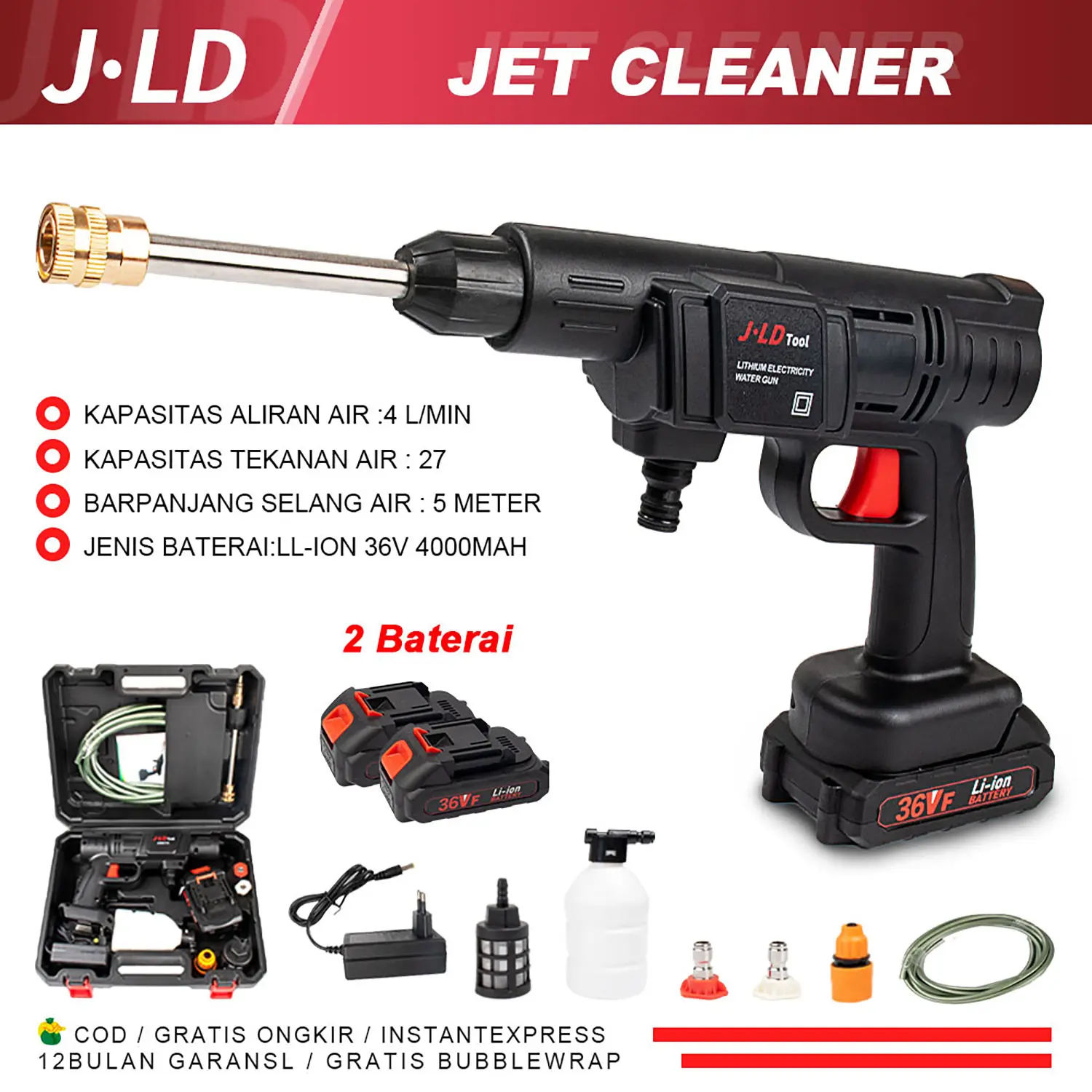 JLD JET CLEANER 36V STEAM CORDLESS  MESIN CUCI AC MOTOR MOBIL Pressure Washer Tanpa Kabel jet cleaner 2 Baterai Alat Cuci Mobil cuci motor tekanan tinggi Tanpa kabel Car Selang