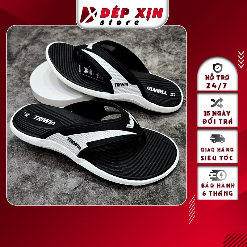 Dép Kẹp Nam Cao Cấp TRIWIN Quai Nhựa Đế Cao Su Chống Trơn (Đen Sọc Trắng) Đế Bằng DéP Đồng Hoa Quai Hậu GiàY depkep xỏ ngón dibien