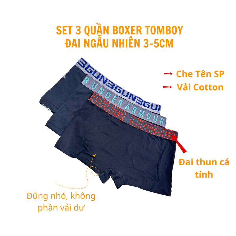 Combo 3 Quần boxer Tomboy - Chất cotton -  Đai Thun cá tính ngẫu nhiên - Quần Sịp đùi - Êm, thoải mái, thấm hút mồ hôi - Menswear Nhung không phần vải dư