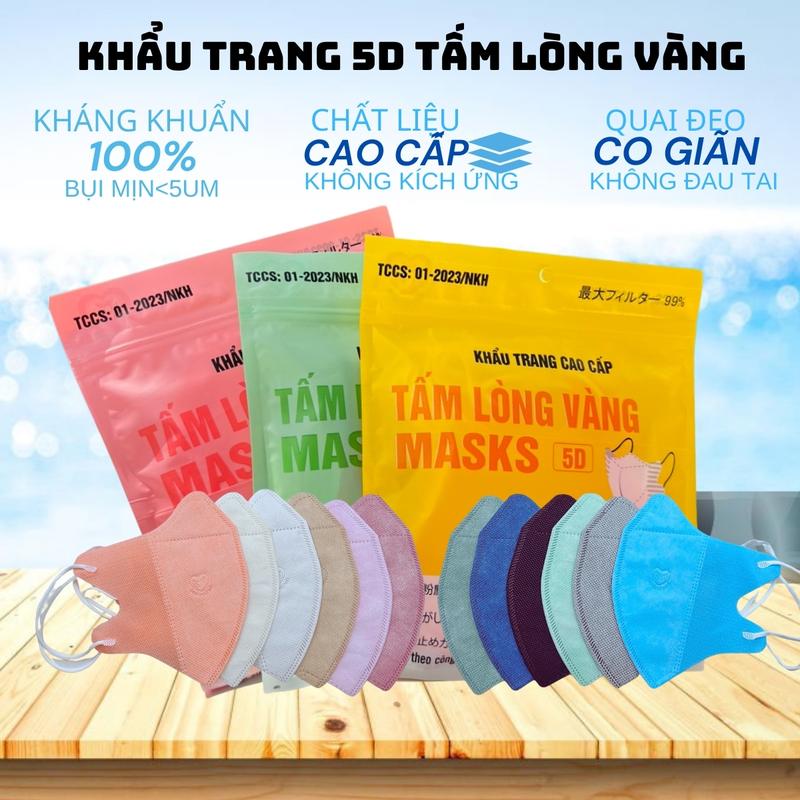 Combo Thùng 200 Cái Khẩu Trang 5D Tấm Lòng Vàng + Thêm 20 Cái trắng Khẩu Trang 5D Kháng Khuẩn 3 lớp dùng một lần