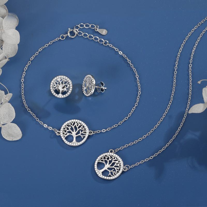 Graves Sterling Silver Lucky Tree Necklace Set Temperament Tree of Hope Elegant and Exquisite Women's Bracelet Earrings 0