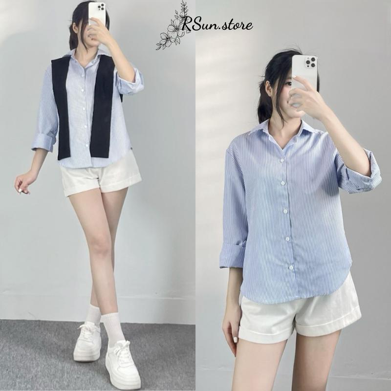 Áo sơ mi dài tay kẻ sọc xanh dương phối khăn đen choàng cổ RSun, Áo sơ mi mix khăn quàng 298 Nữ Women Kem Top ◀áoxanh biển▶ thanh lịch có thể giặt máy tối giản buộc vạt khăn cổ chỉ giặt tay 【 trắng giặt bằng nước lạnh ôm dáng đính nơ
