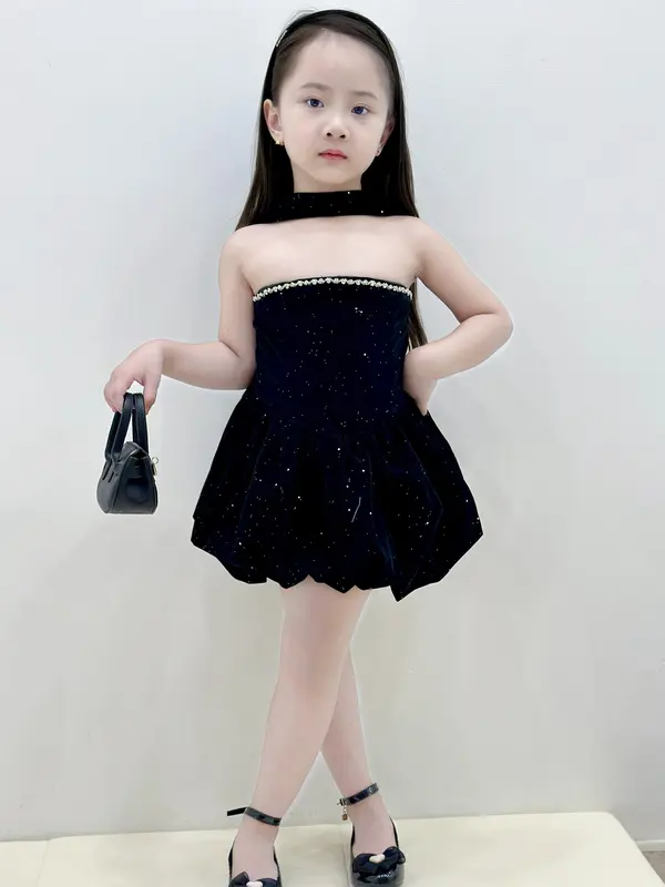 [10-42kg] Đầm bí nhung đen kim tuyến viền đá siêu sang chảnh cho bé gái váy mặc đi tiệc begai công chúa tiểu thư 0