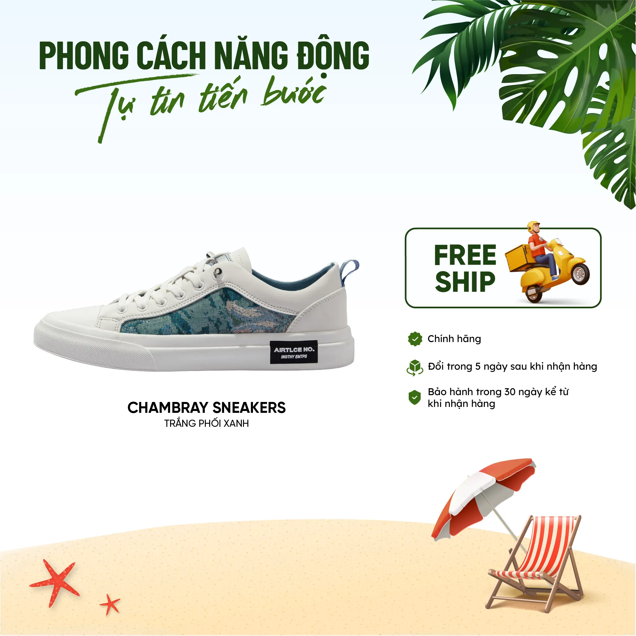 Giày Chambray Sneakers Bentoni, màu Trắng phối xanh, làm từ da microfiber phối vải canvas thể thao và năng động