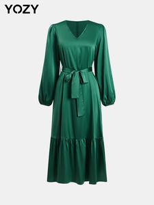 YOZY Women's Plain Ruffle Hem Belted Chiffon Dress, Casual Bishop Sleeve V Neck A Line Dress for Party Holiday Wedding Guest, Ladies Spring & Fall Clothes