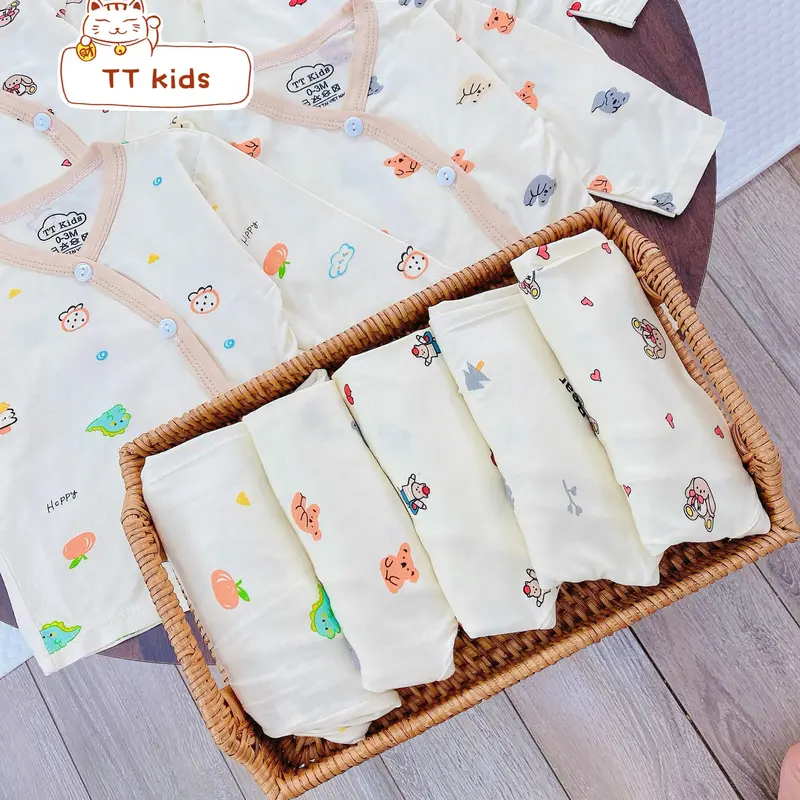 (Tặng vòng dâu) Combo 3 bộ - 5 bộ quần áo dài tay khuy chéo màu kem quần đáp đũng vải thun lạnh petit cho bé từ 3-9kg 5