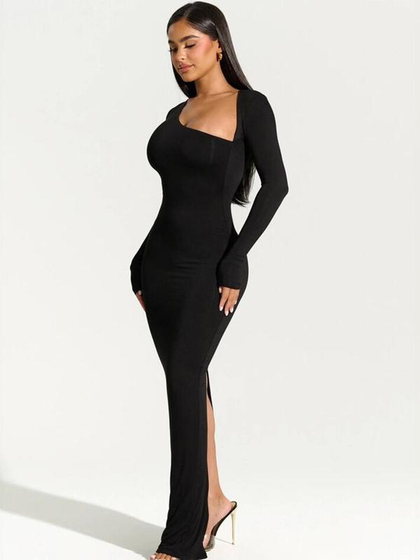 Women's Christmas Solid Asymmetrical Neck Split Bodycon Dress, Fit Long Sleeve Maxi Dress for Party Dating Wear, Ladies Clothes for All Seasons Valentine's Day, gift 2