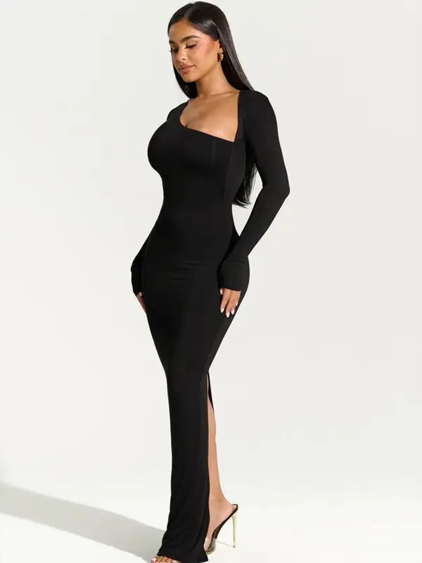 Women's Christmas Solid Asymmetrical Neck Split Bodycon Dress, Fit Long Sleeve Maxi Dress for Party Dating Wear, Ladies Clothes for All Seasons Valentine's Day, gift 2