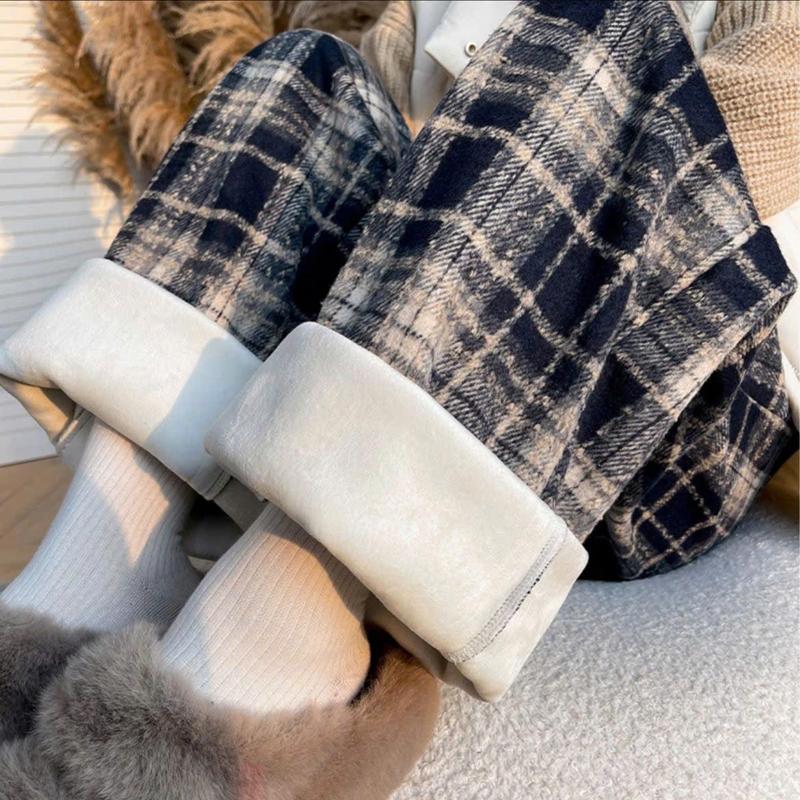 Lót Nỉ Quần Dạ Kẻ Caro Lót Nỉ Ống Rộng Dáng Suông Tahie Store của Nữ quần caro nâu quần nỉ lông quầnnỉ thụng bông dài