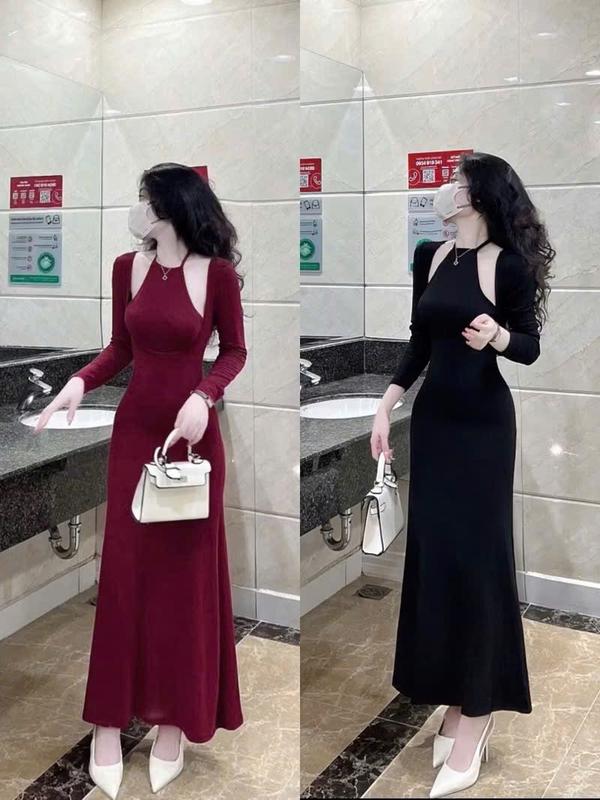 Đầm nữ cổ yếm khoét vai tay dài dáng xoè tiểu thư - thun gân lạnh BB741 Váy boby , váy body nữ tôn dáng , váy xinh , váy đi tiệc , váy đi biển