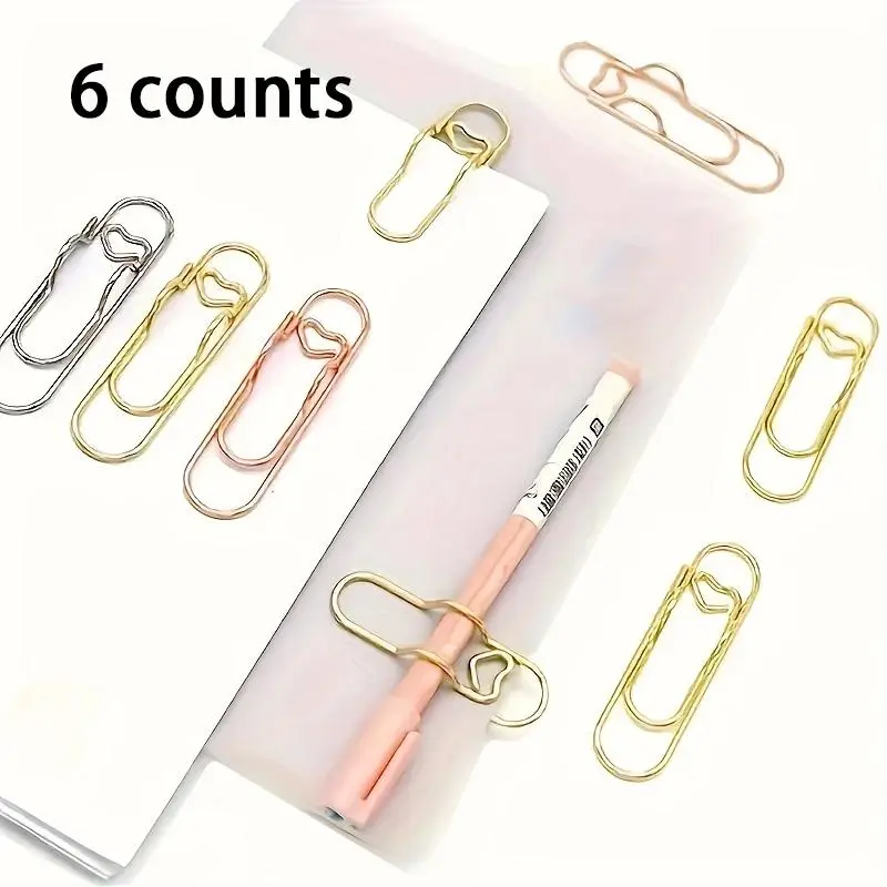 Cute Metal Paper Clip with Pen Buckle, 6 Counts/set Multifunctional Love Heart Design Bookmark Clip, Journal Diary Accessories, Fixed Pen Clip