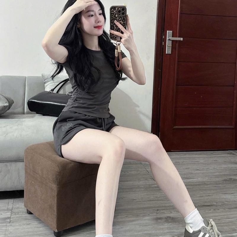 Set bộ BAD thêu Đồ Nữ Trơn Basic Ôm Body Áo Nhún Rúm Eo Ngắn Tay Mix Quần Đùi (BỘ NHÚN EO TRƠN) 4