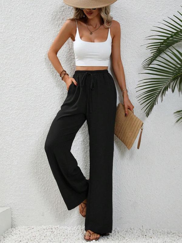 Women's Solid Drawstring Waist Pants, Casual Pocket Trousers for Summer, Women's Bottoms for Daily Wear 3