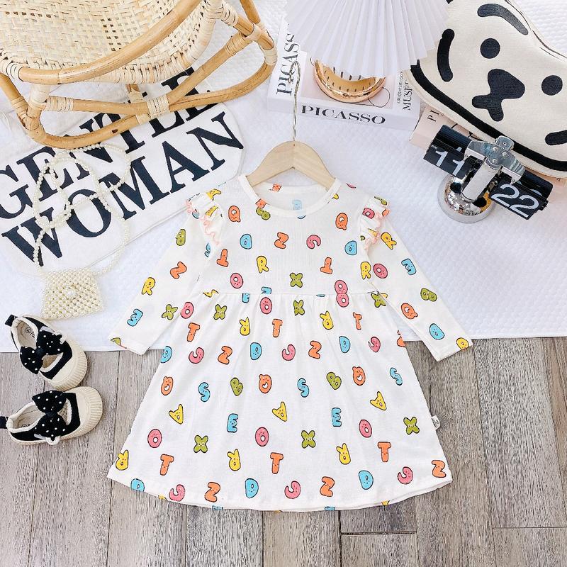 Váy babydoll dài tay cánh tiên vải cotton xuất dư ORGANIC mềm mịn thấm hút mồ hôi có hoạ tiết xinh xắn cho bé gái mặc 4 mùa