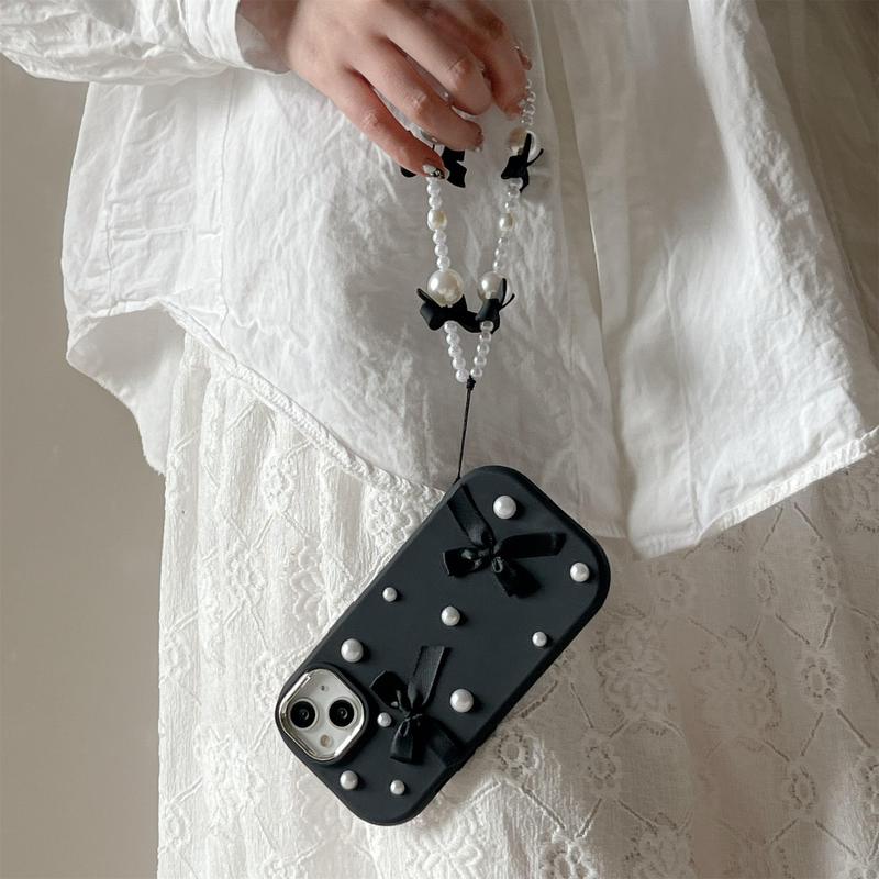 Product Introduction of Bowknot Decor Phone Case with Faux Pearl Beaded Lanyard, Cute Fashion Phone Protective Case, Full Coverage Shockproof Phone Cover Compatible with iPhone 15 14 13 ProMax 14