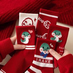 ถุงเท้าสีแดง ถุงเท้าปานกลาง ถุงเท้าผ้าฝ้ายสีแดง สไตล์ใหม่ สำหรับเด็ก เหมาะสำหรับปีใหม่