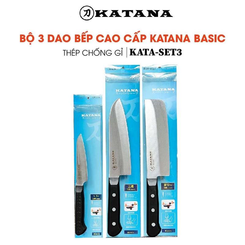 Bộ 3 dao bếp dành cho gia đình  KATANA Basic thép Nhật chống gỉ - Dao thái đa năng - Thái rau củ - Gọt hoa quả