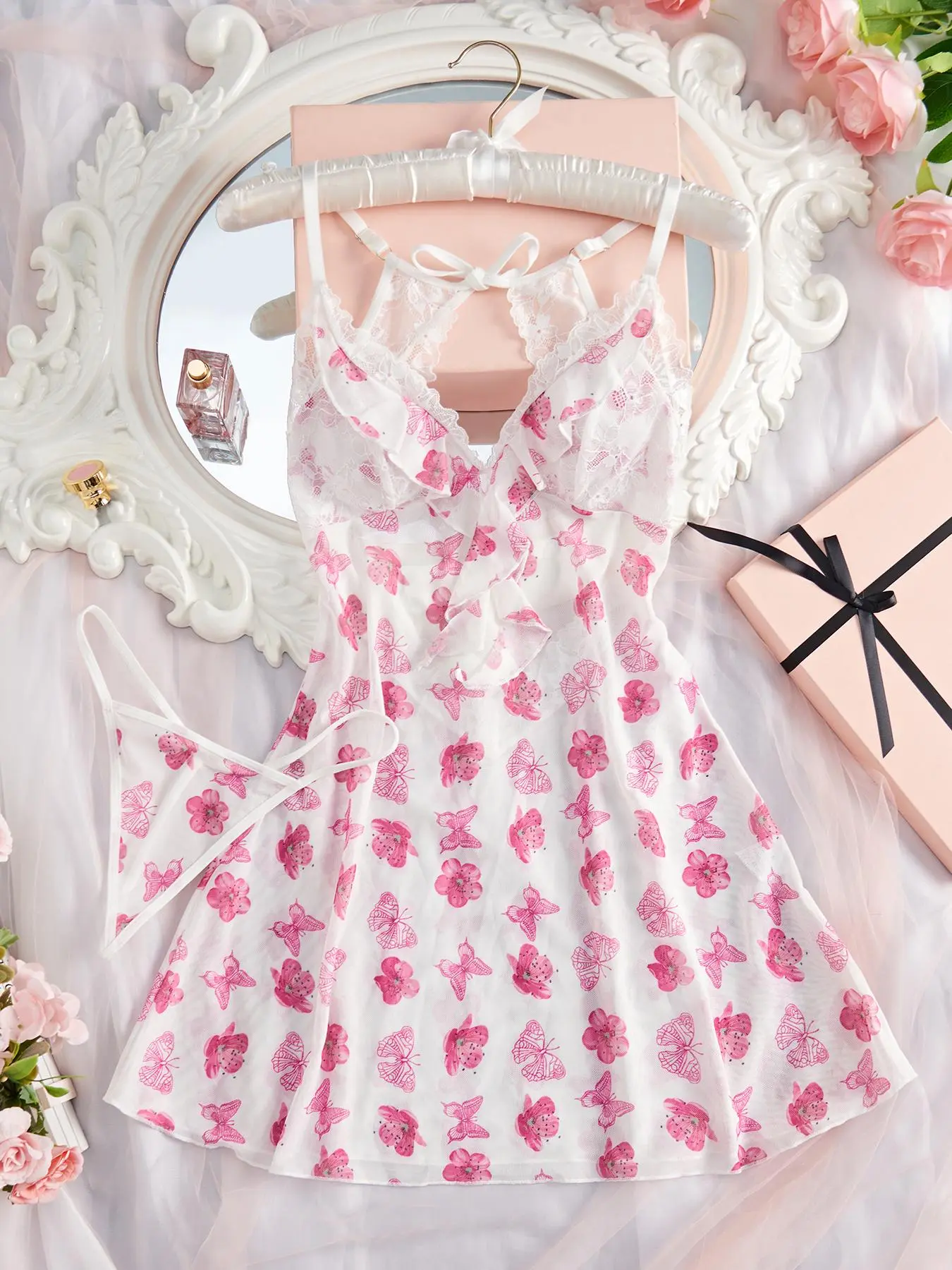 Women's All Over Print Lace Trim Cami Nightdress & Thong, Sexy Soft Comfortable Breathable Nightgown Set for Women, Fashion Ladies Sleepwear for All Seasons, Loungewear