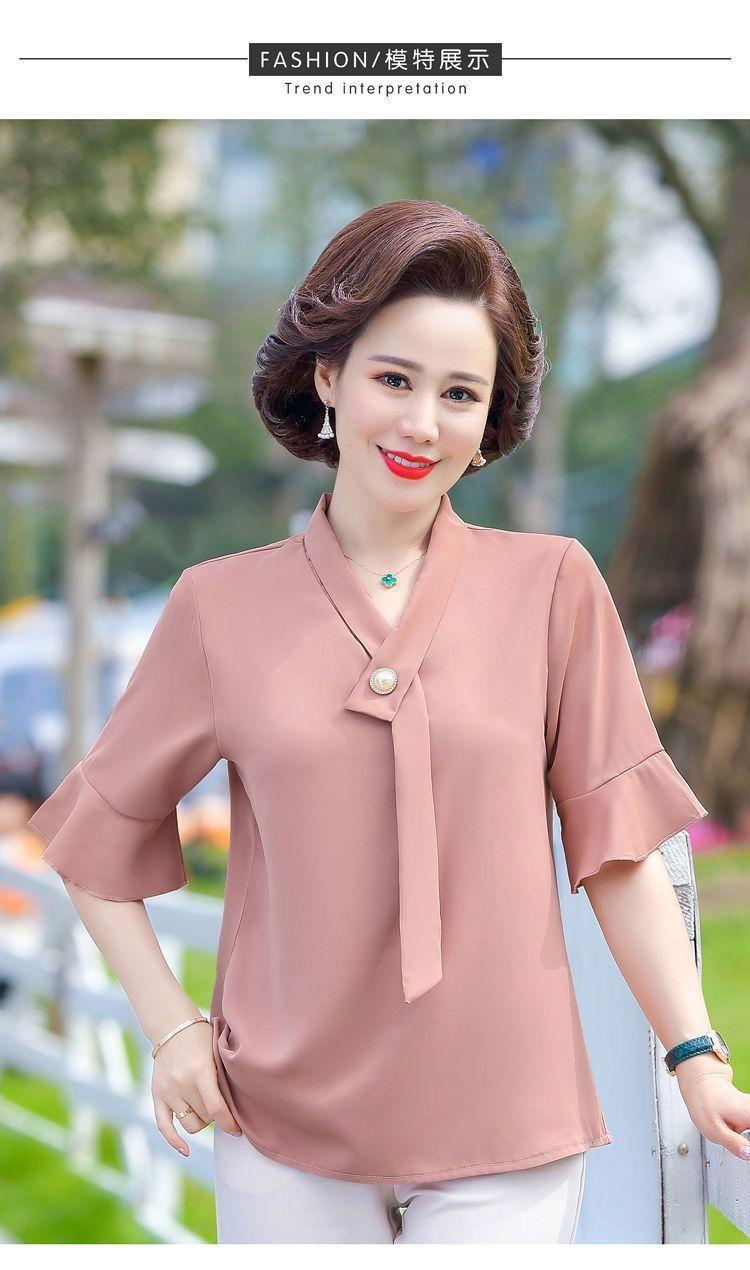 Product Introduction of Áo Phong Cách Phương Tây Ngắn Tay, Quần Áo Cho Mẹ, Thích Hợp Cho Mẹ TRUNG NIÊN Và TRUNG NIÊN, Hàng Mới Về, Dáng Rộng Vừa Vặn, Làm Bằng Voan, 40-50 Tuổi Nữ Top Women Shirt Sơ Mi 9