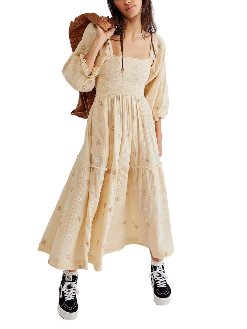 Product Introduction of Women's Floral Embroidery Frill Trim Shirred Flounce Sleeve Dress, Boho Fashion Long Sleeve Square Neck A Line Dress for Daily Holiday Vacation Wear, Ladies Dress for All Seasons, Dresses for Women,  Spring Dress 3