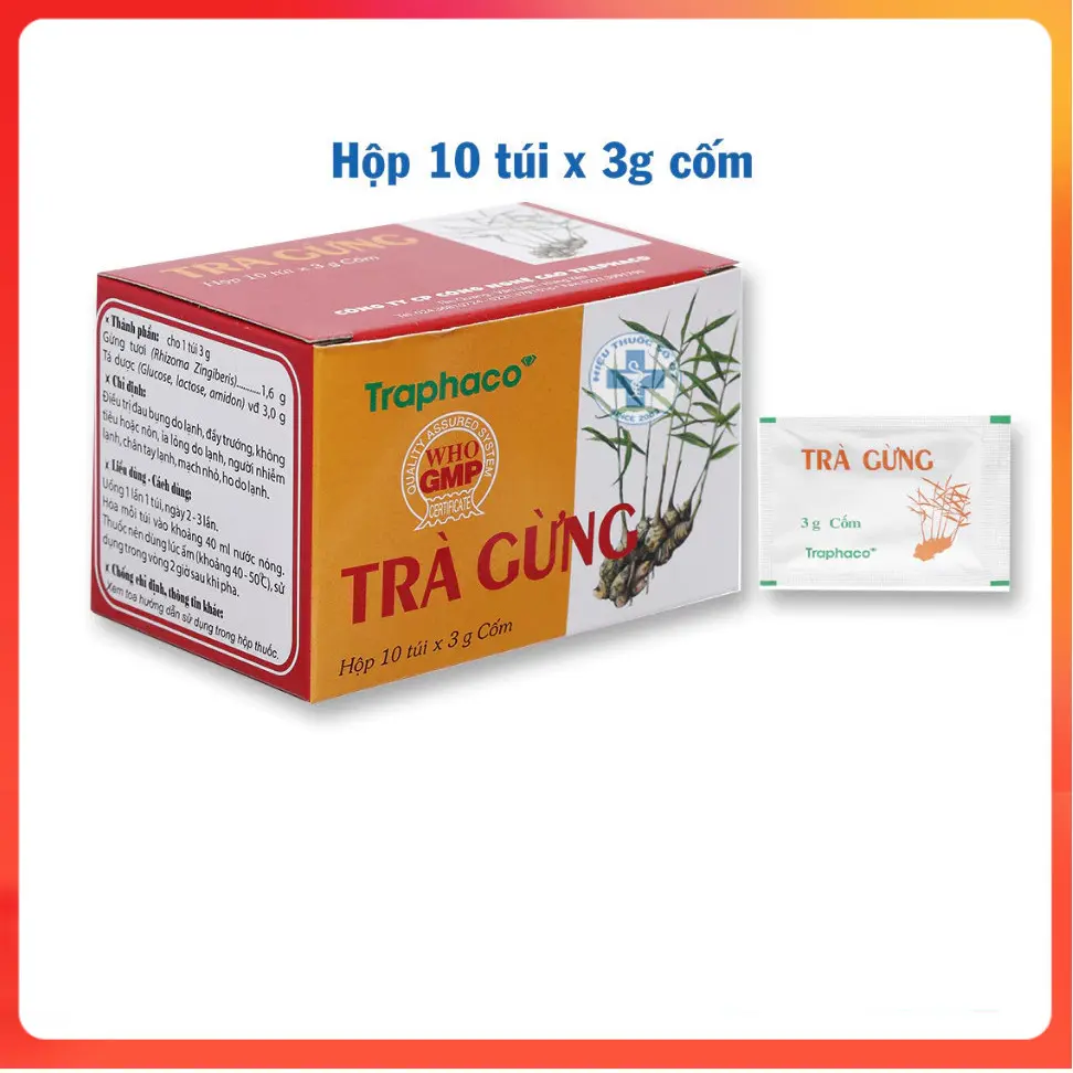 Trà gừng Traphaco hộp 10 gói 3gr giúp phòng ngừa ăn không tiêu, đầy hơi, nhiễm lạnh, nôn ói y tế hatoto, ship hỏa tốc